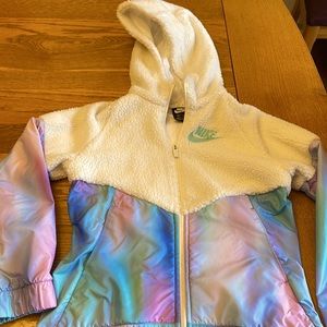 Girls size M Nike lined zipper jacket with hood. Sherpa hood and top.